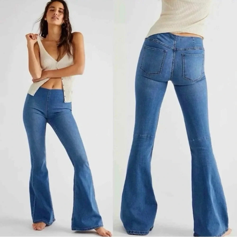 Free People Penny Flare Pull On Jeans Mid Rise 70s Gypsy Boho Festival Like New